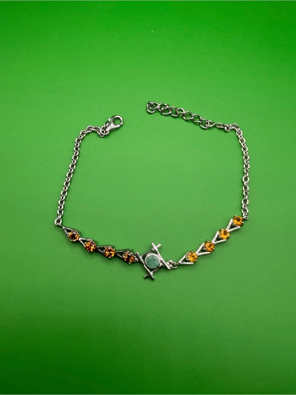 925 Sterling Silver Emerald & Citrine Bracelet 7.25” to 8.25”.
